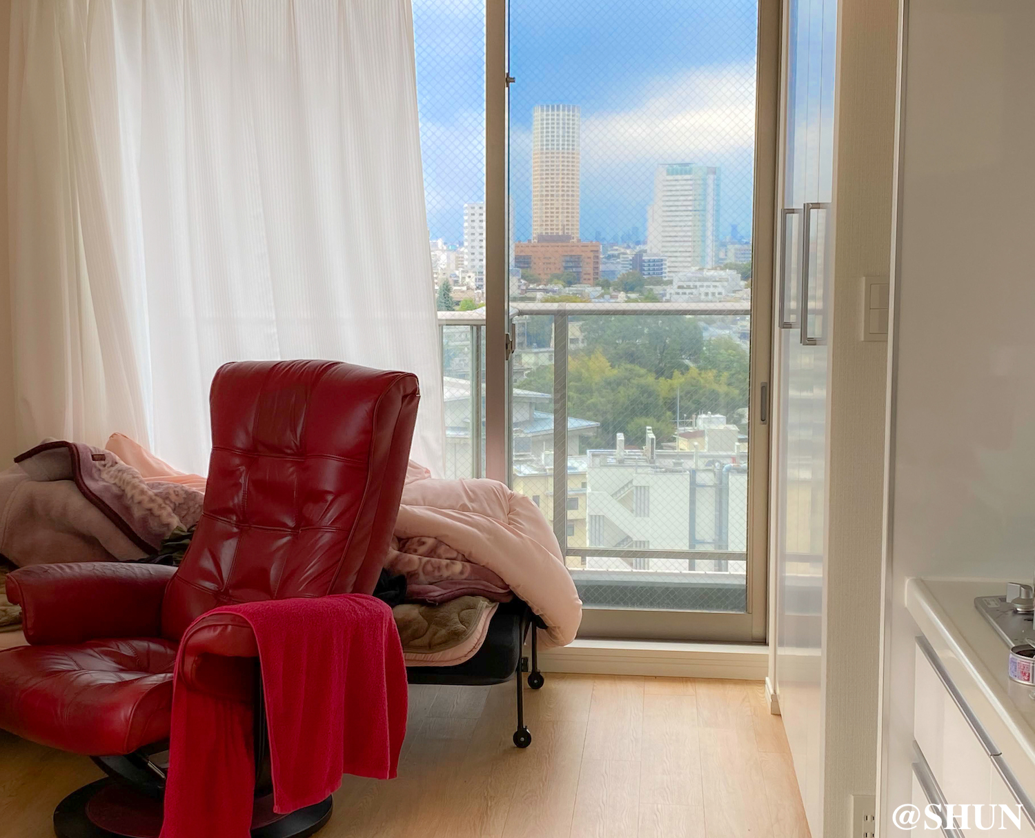 部屋のリクライニングチェアと、窓から見える中目黒方面の光景2022年10月25日。撮影：SHUN ROCKETDIVE